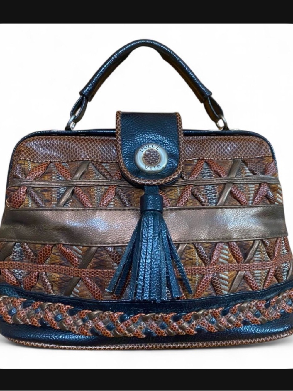Dolce Vita Brown & Black Woven Leather Satchel with Tassel